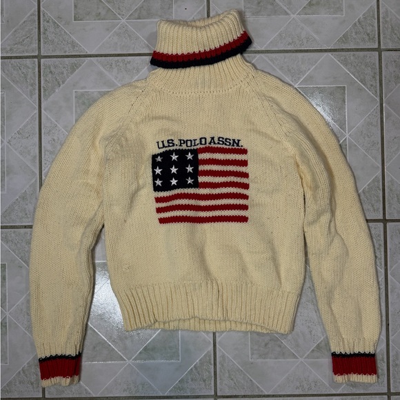 U.S. Polo Assn. Sweaters - Vintage U.S. Polo Assn. Cream Sweater with American Flag